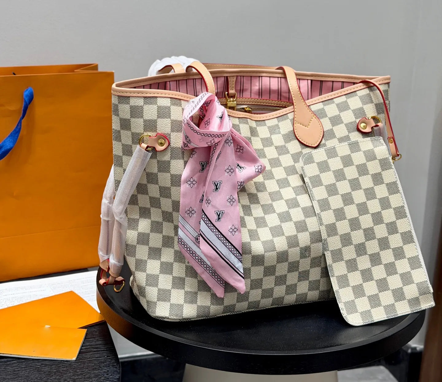 Premium Cream Monogram Shoulder Tote